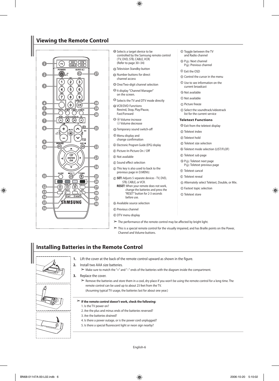 Viewing the remote control, Installing batteries in the remote control | Samsung LE32S66BD User Manual | Page 8 / 81