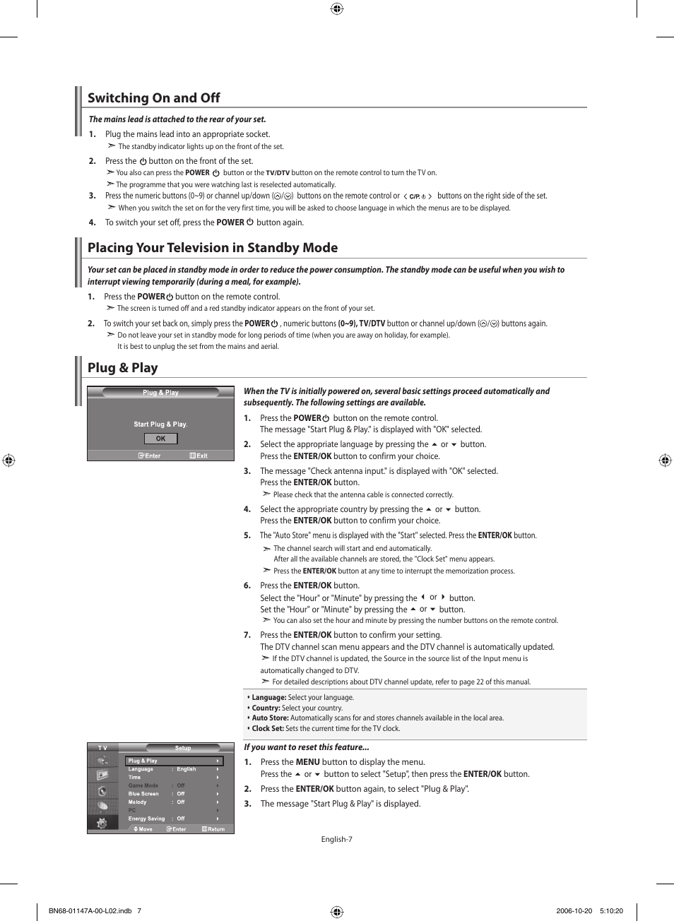 Switching on and off, Placing your television in standby mode, Setting the channels | Plug & play | Samsung LE32S66BD User Manual | Page 9 / 81