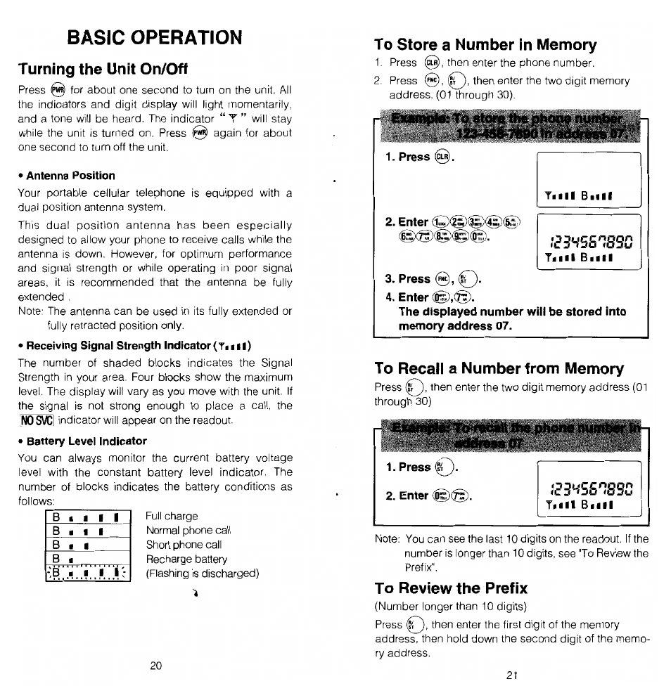 Basic operation, Turning the unit on/off, Antenna position | To store a number in memory, To «tore tiiephoi^ number, Press m, Enter, Press, Enter (@), To recall a number from memory | Audiovox MVX-470 User Manual | Page 11 / 26