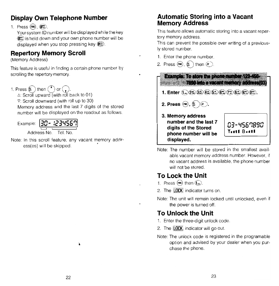 Display own telephone number, Repertory memory scroll, Automatic storing into a vacant memory address | Enter (jr, Press, To lock the unit, To unlock the unit | Audiovox MVX-470 User Manual | Page 12 / 26