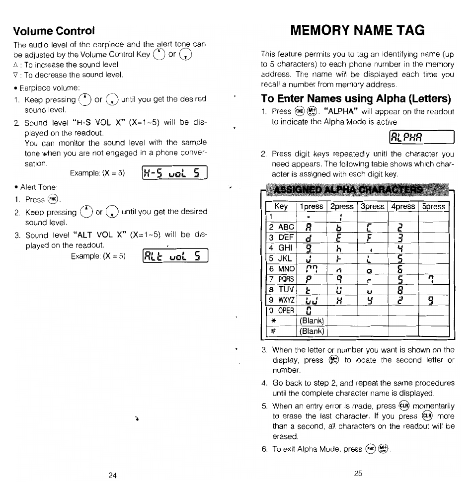 Volume control, Memory name tag, To enter names using alpha (letters) | Uu h | Audiovox MVX-470 User Manual | Page 13 / 26