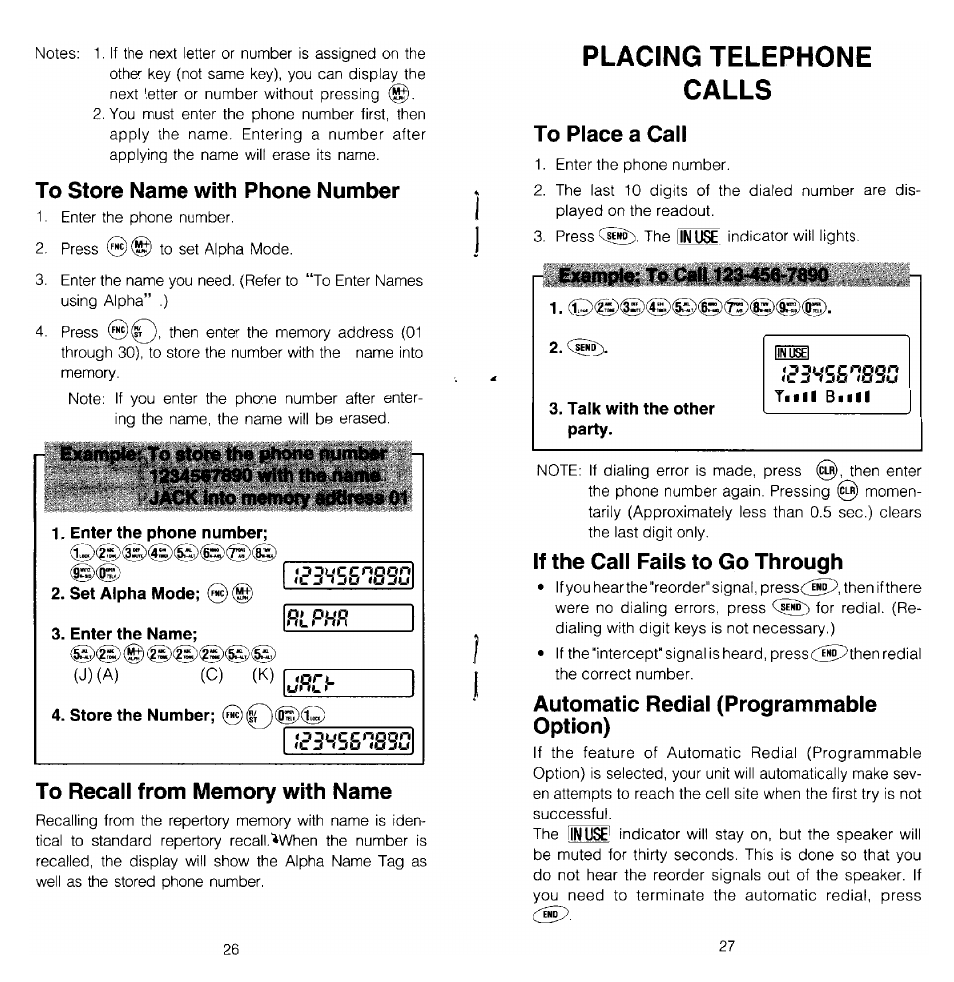 To store name with phone number, Enter the phone number, Set alpha mode | Enter the name, To recall from memory with name, Placing telephone calls, To place a call, If the call fails to go through, Automatic redial (programmable option) | Audiovox MVX-470 User Manual | Page 14 / 26