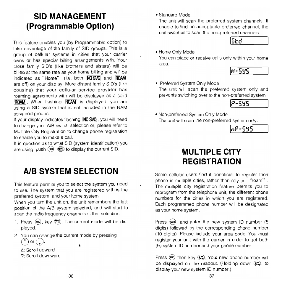 Sid management (programmable option), A/b system selection, Multiple city registration | R,p-5b‘5 | Audiovox MVX-470 User Manual | Page 19 / 26