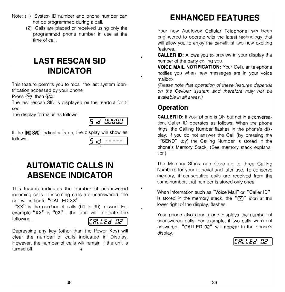 Last rescan sid indicator, Automatic calls in absence indicator, Enhanced features | Operation | Audiovox MVX-470 User Manual | Page 20 / 26