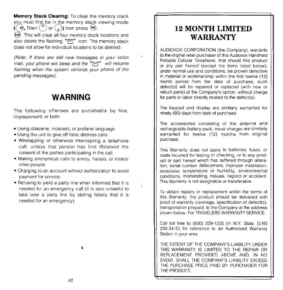 Warning, 12 month limited warranty | Audiovox MVX-470 User Manual | Page 22 / 26