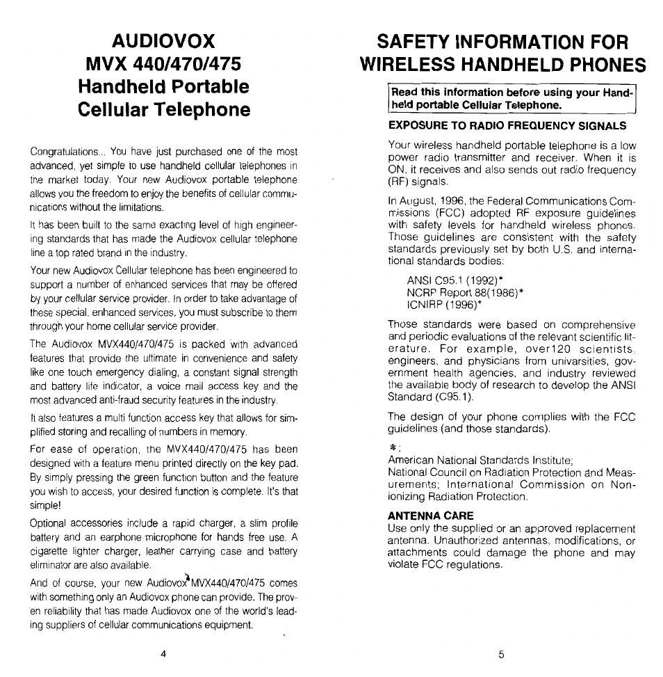 Safety information for wireless handheld phones | Audiovox MVX-470 User Manual | Page 3 / 26