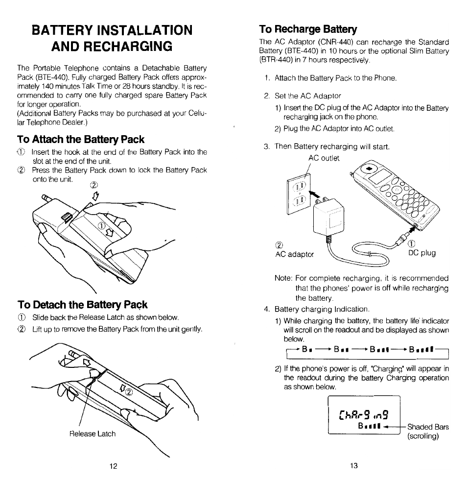 Battery installation and recharging, To attach the battery pack, To detach the battery pack | To recharge battery, Battery installation and, Recharging, I" *bi *bii ► bill---* b ■ 111 i | Audiovox MVX-470 User Manual | Page 7 / 26