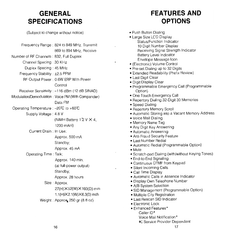 General, Specifications, Features and options | General specifications features and options | Audiovox MVX-470 User Manual | Page 9 / 26