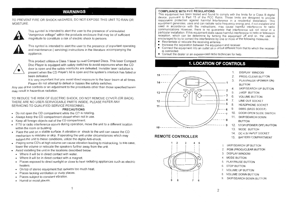 Warnings, Precautions, Location of controls | Audiovox CE170S User Manual | Page 2 / 7