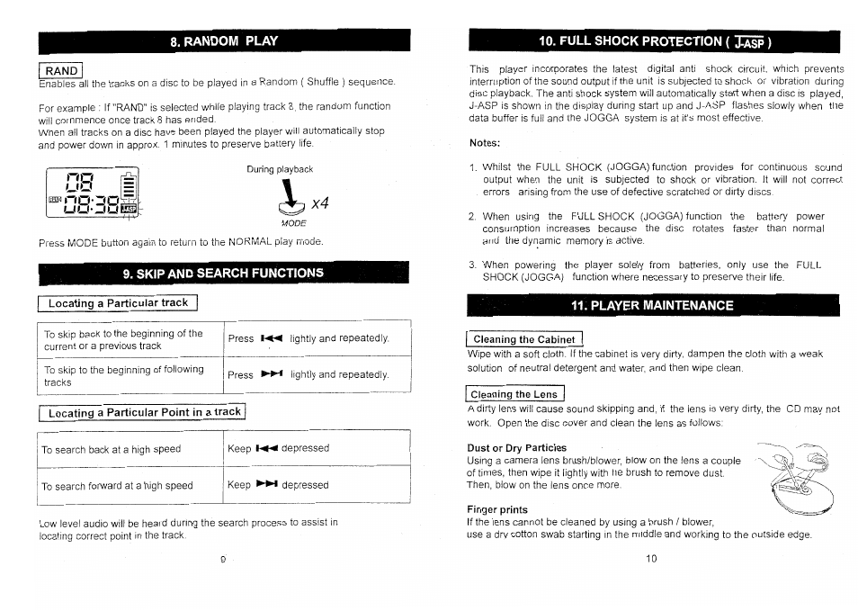 Skip and search functions, Full shock protection ( lâsp ), Player maintenance | Audiovox CE170S User Manual | Page 6 / 7