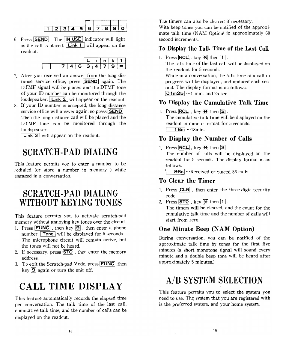 Scratch-pad dialing, Scratch-pad dialing without keying tones, Call time display | To display the talk time of the last call, To display the cumulative talk time, To display the number of calls, To clear the timer, A/b system selection, Scratch pad dialing, One minute beep (nam option) | Audiovox SBC Series User Manual | Page 10 / 14
