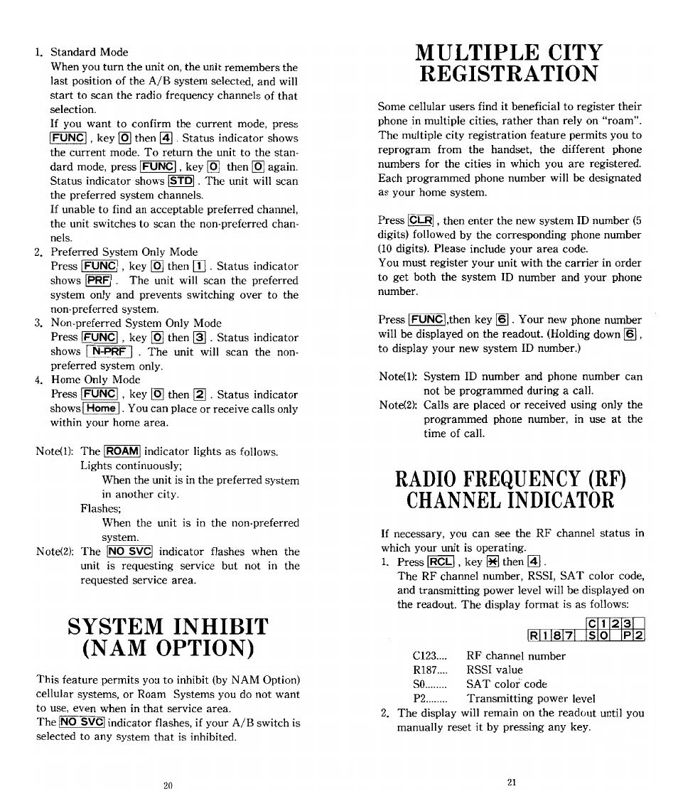 System inhibit (nam option), Multiple city registration, Radio frequency (re) channel indicator | Audiovox SBC Series User Manual | Page 11 / 14