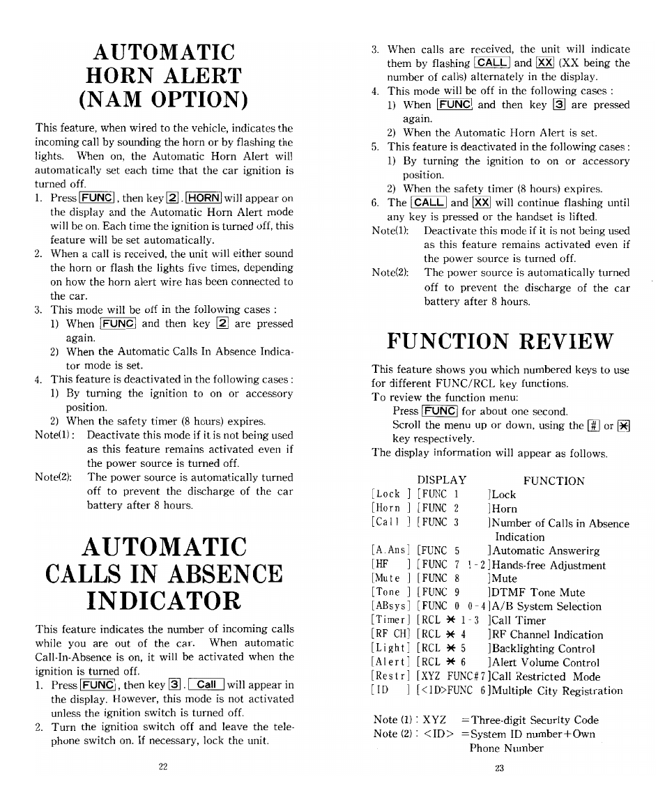 Automatic horn alert (nam option), Function review, Automatic calls in absence indicator | Audiovox SBC Series User Manual | Page 12 / 14