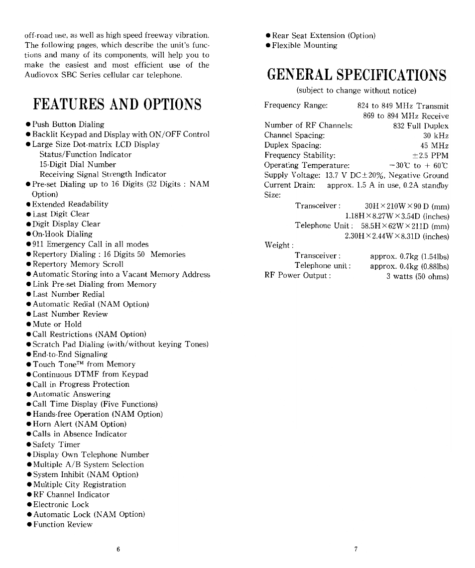 Features and options, General specifications, Features and options general specifications | Audiovox SBC Series User Manual | Page 4 / 14