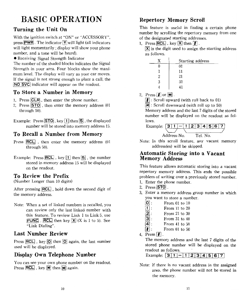 Basic operation, Turning the unit on, To store a number in memory | To recall a number from memory, To review the prefix, Last number review, Display own telephone number, Repertory memory scroll, Automatic storing into a vacant memory address | Audiovox SBC Series User Manual | Page 6 / 14