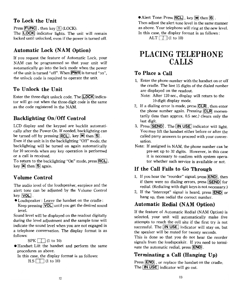 To lock the unit, Automatic lock (nam option), To unlock the unit | Backlighting on/off control, Volume control, Placing telephone calls, To place a call, If the call fails to go through, Automatic redial (nam option), Terminating a call (hanging up) | Audiovox SBC Series User Manual | Page 7 / 14