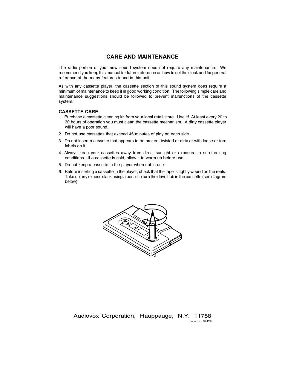 Care and maintenance | Audiovox FD-250 User Manual | Page 8 / 8