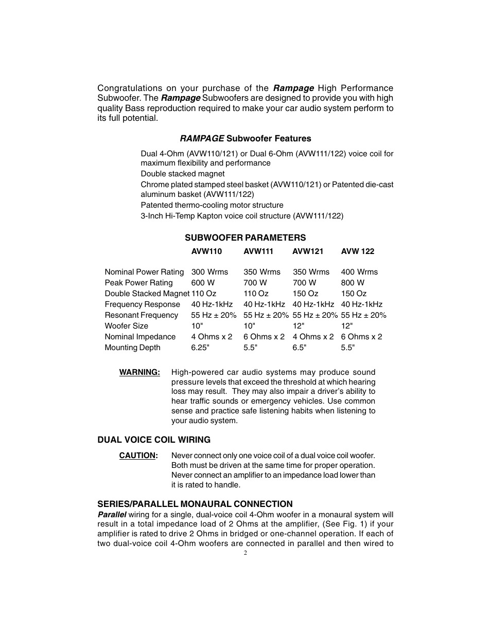 Audiovox Rampage AVW121 User Manual | Page 2 / 6