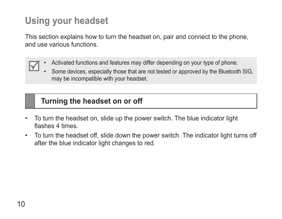 Using your headset, Turning the headset on or off, Using.your.headset | Samsung BHM3500 User Manual | Page 12 / 87