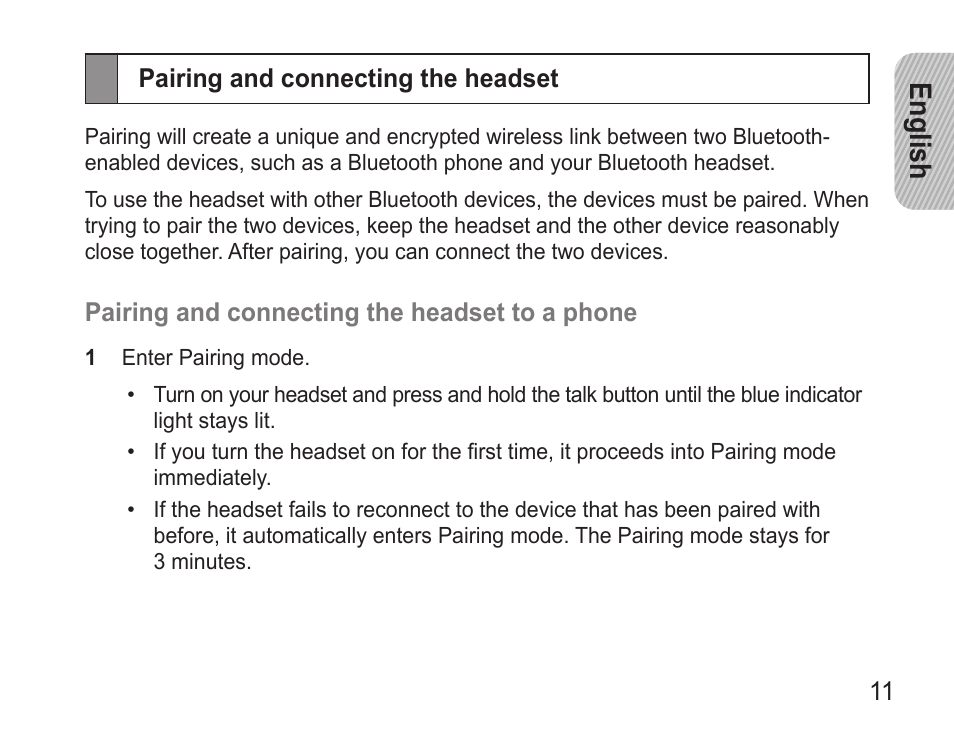 Pairing and connecting the headset, English | Samsung BHM3500 User Manual | Page 13 / 87