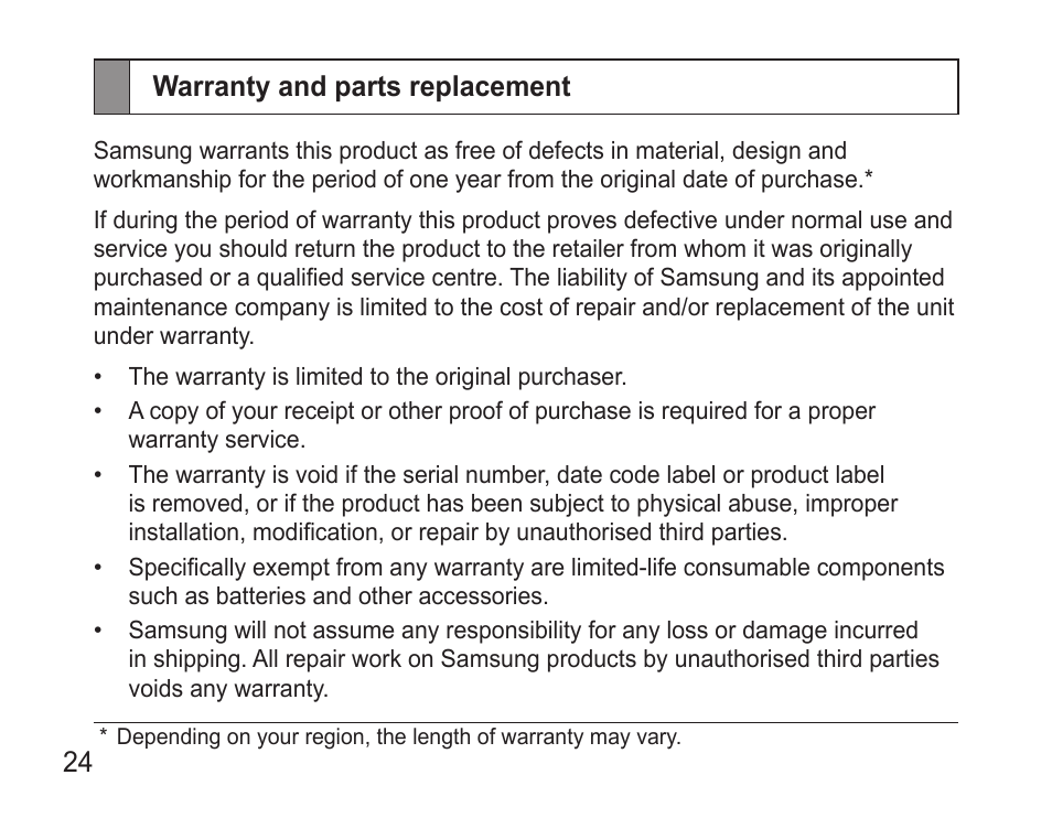 Warranty and parts replacement | Samsung BHM3500 User Manual | Page 26 / 87