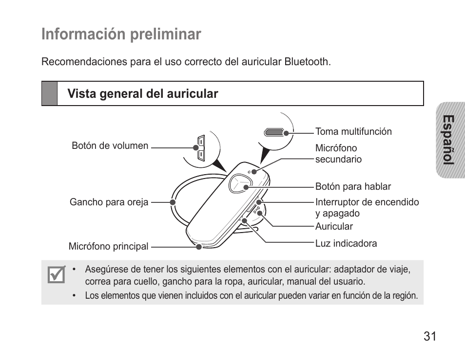 Información preliminar, Vista general del auricular, Información.preliminar | Español | Samsung BHM3500 User Manual | Page 33 / 87