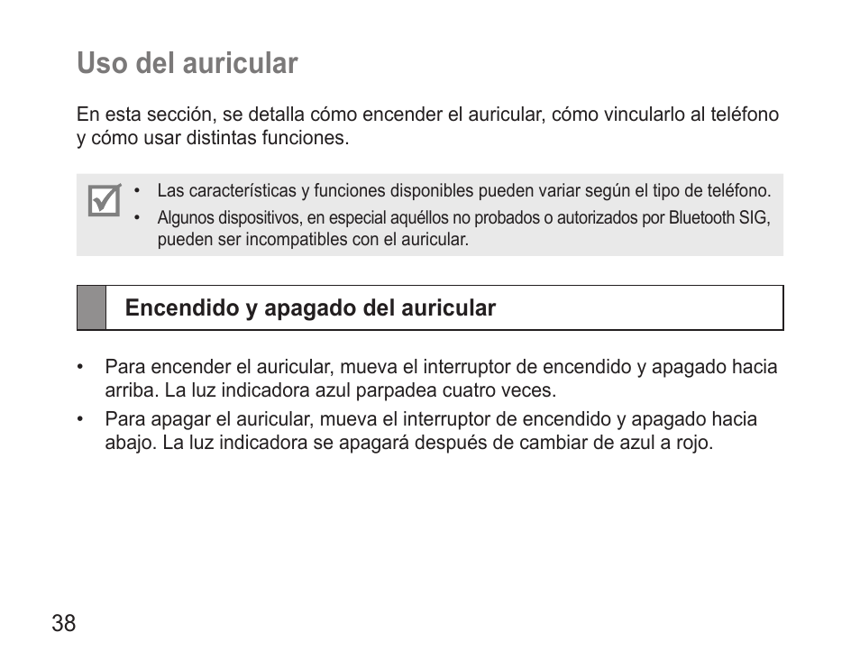 Uso del auricular, Encendido y apagado del auricular, Uso.del.auricular | Samsung BHM3500 User Manual | Page 40 / 87