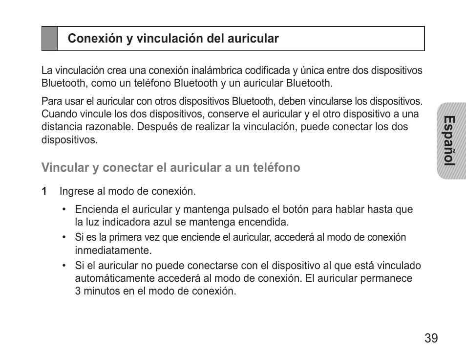 Conexión y vinculación del auricular, Español | Samsung BHM3500 User Manual | Page 41 / 87