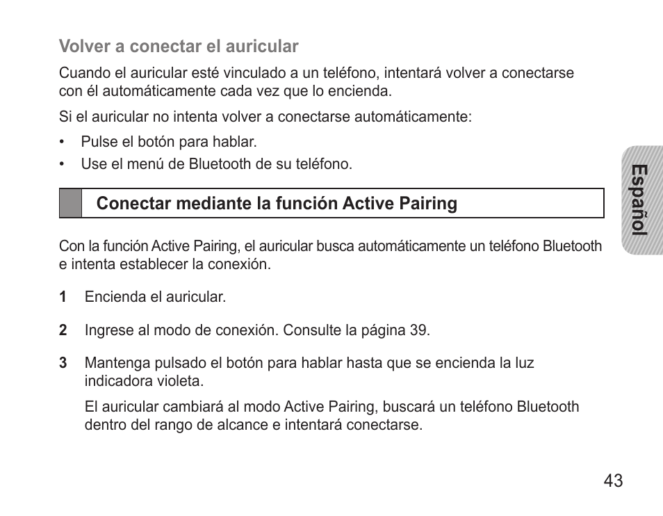Conectar mediante la función active pairing, Español | Samsung BHM3500 User Manual | Page 45 / 87