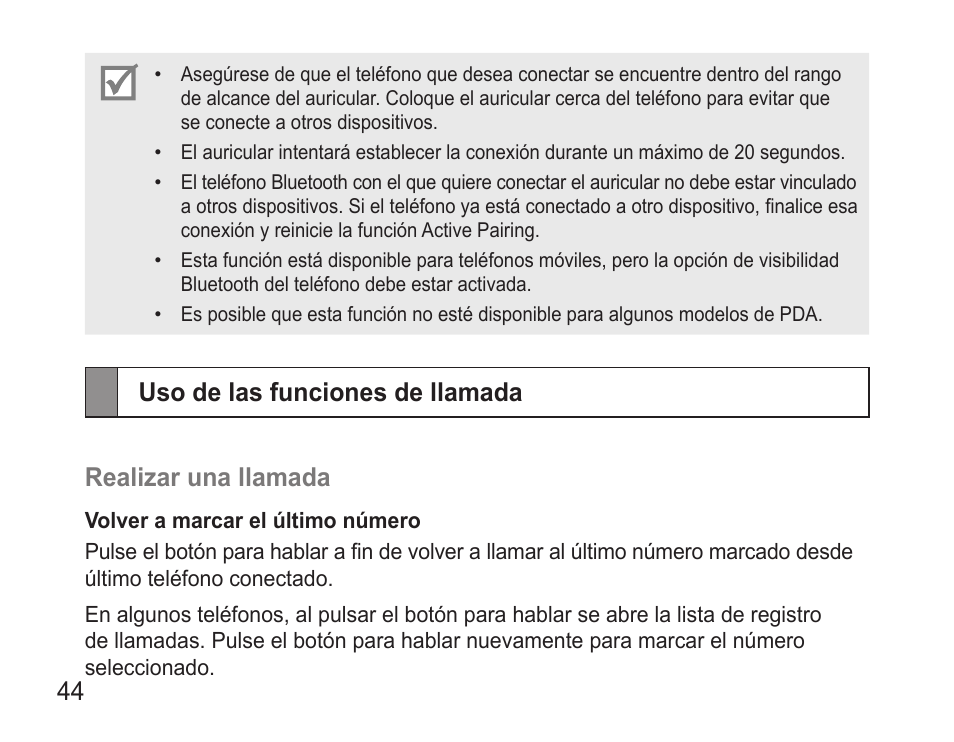 Uso de las funciones de llamada | Samsung BHM3500 User Manual | Page 46 / 87