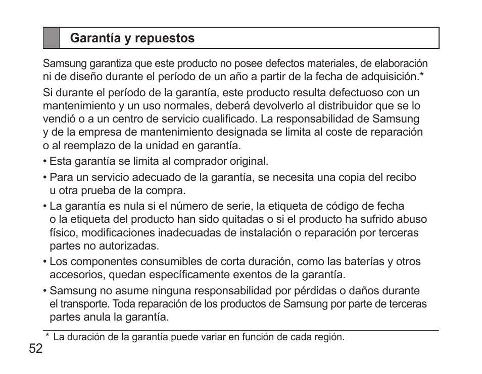 Garantía y repuestos | Samsung BHM3500 User Manual | Page 54 / 87
