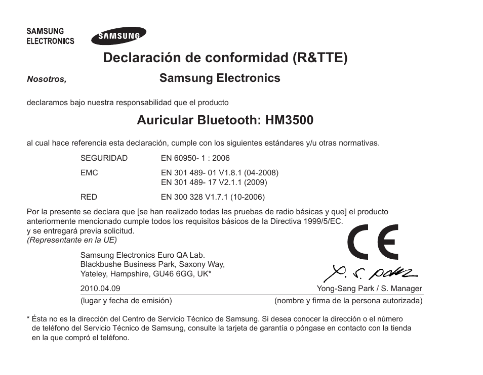 Declaración.de.conformidad.(r&tte), Auricular.bluetooth:.hm3500, Samsung.electronics | Samsung BHM3500 User Manual | Page 58 / 87