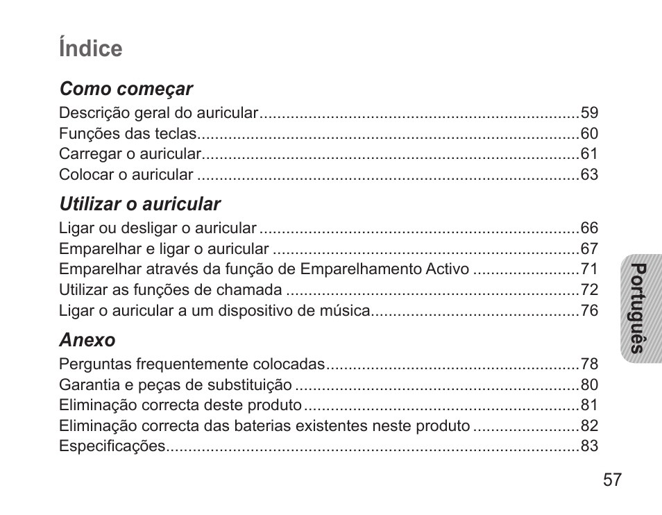 Português, Índice | Samsung BHM3500 User Manual | Page 59 / 87