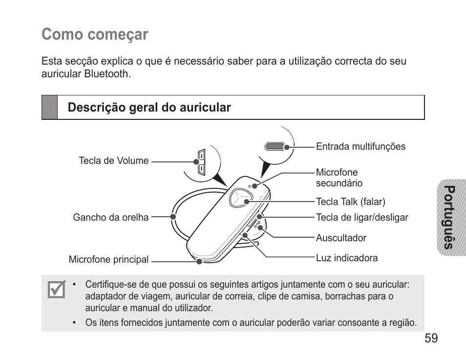 Como começar, Descrição geral do auricular, Português | Samsung BHM3500 User Manual | Page 61 / 87