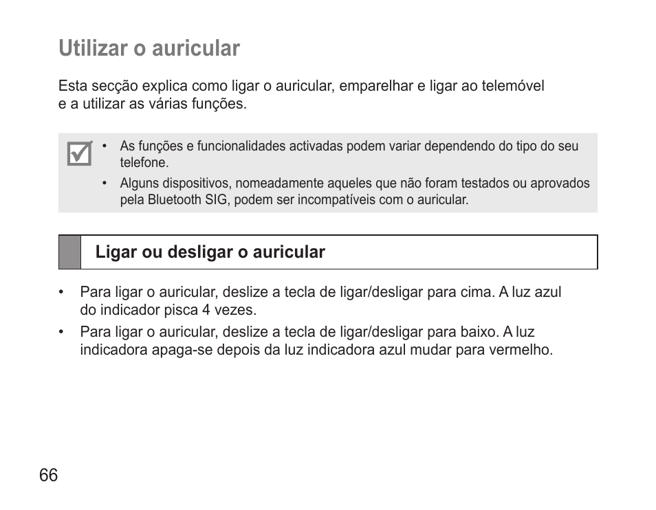 Utilizar o auricular, Ligar ou desligar o auricular, Utilizar.o.auricular | Samsung BHM3500 User Manual | Page 68 / 87