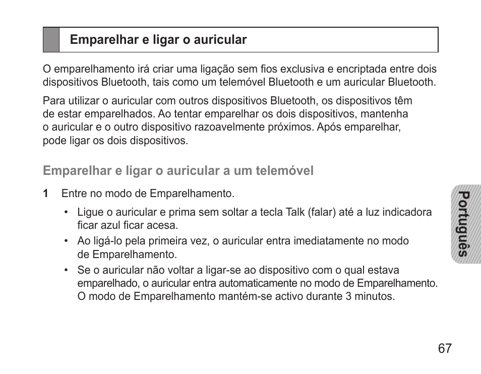 Emparelhar e ligar o auricular, Português | Samsung BHM3500 User Manual | Page 69 / 87