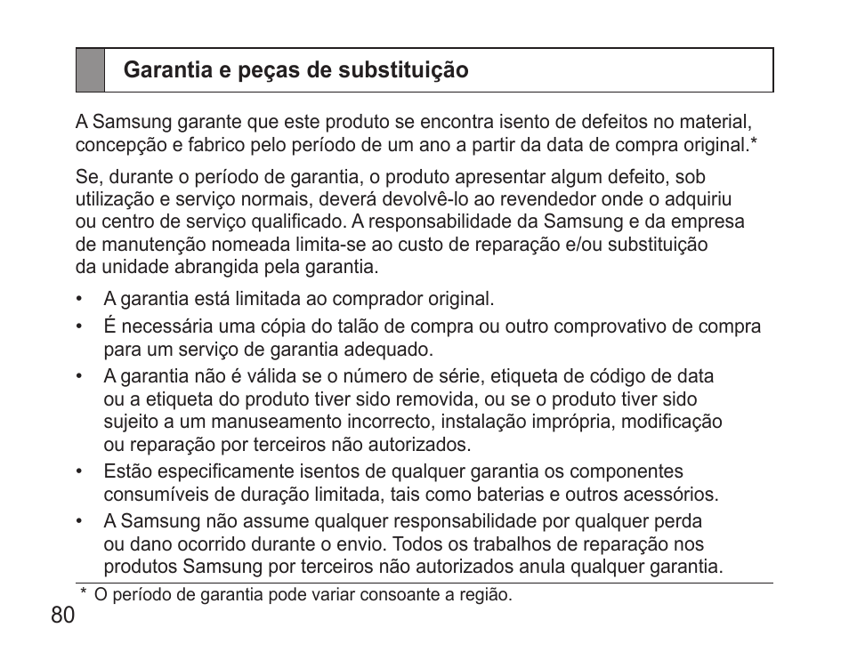 Garantia e peças de substituição | Samsung BHM3500 User Manual | Page 82 / 87