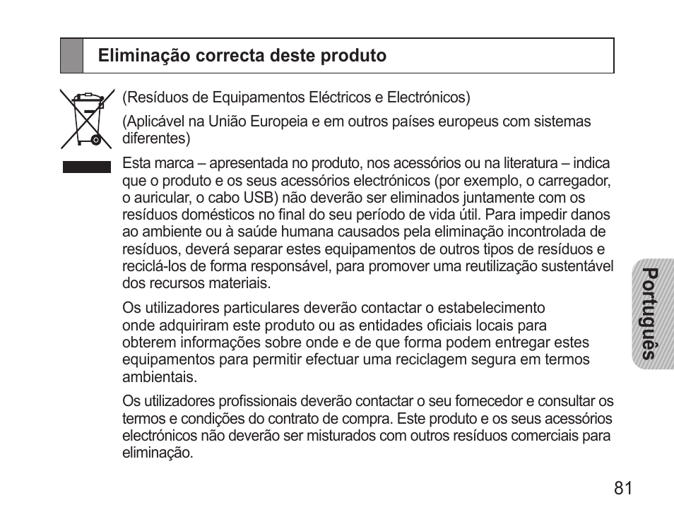 Eliminação correcta deste produto, Português | Samsung BHM3500 User Manual | Page 83 / 87