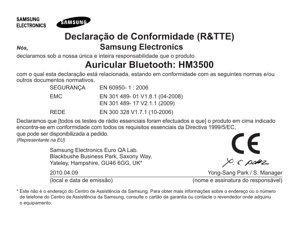 Declaração.de.conformidade.(r&tte), Auricular.bluetooth:.hm3500, Samsung.electronics | Samsung BHM3500 User Manual | Page 86 / 87