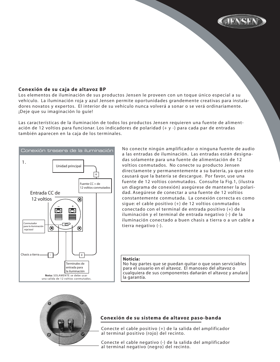 Conexión de su caja de altavoz bp, Entrada cc de 12 voltios, Conexión de su sistema de altavoz paso-banda | Audiovox BP112 User Manual | Page 7 / 8