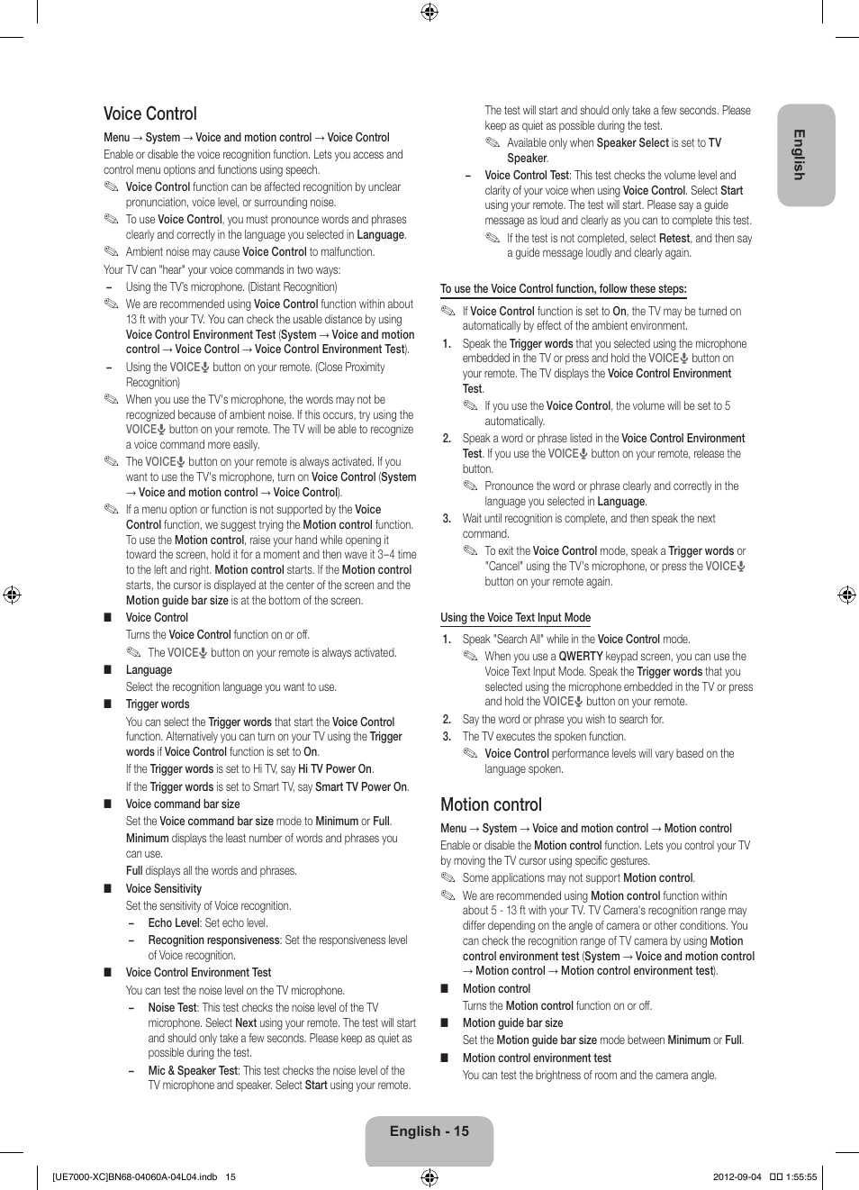 Voice control, Motion control | Samsung UE40ES7000S User Manual | Page 15 / 93
