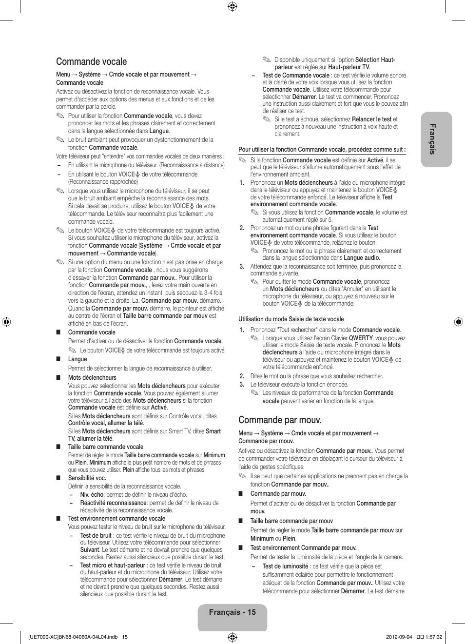 Commande vocale, Commande par mouv | Samsung UE40ES7000S User Manual | Page 38 / 93