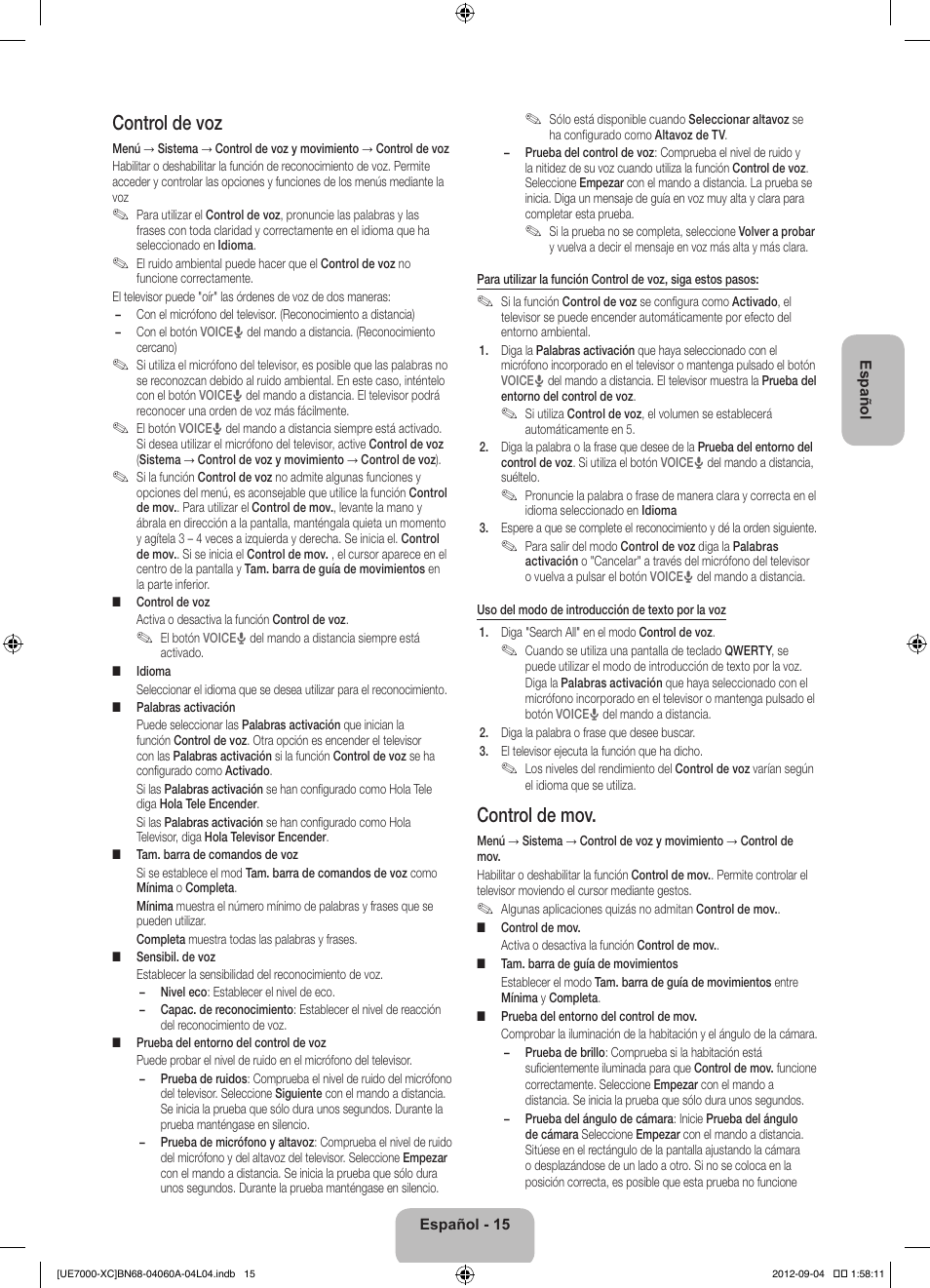 Control de voz, Control de mov | Samsung UE40ES7000S User Manual | Page 61 / 93