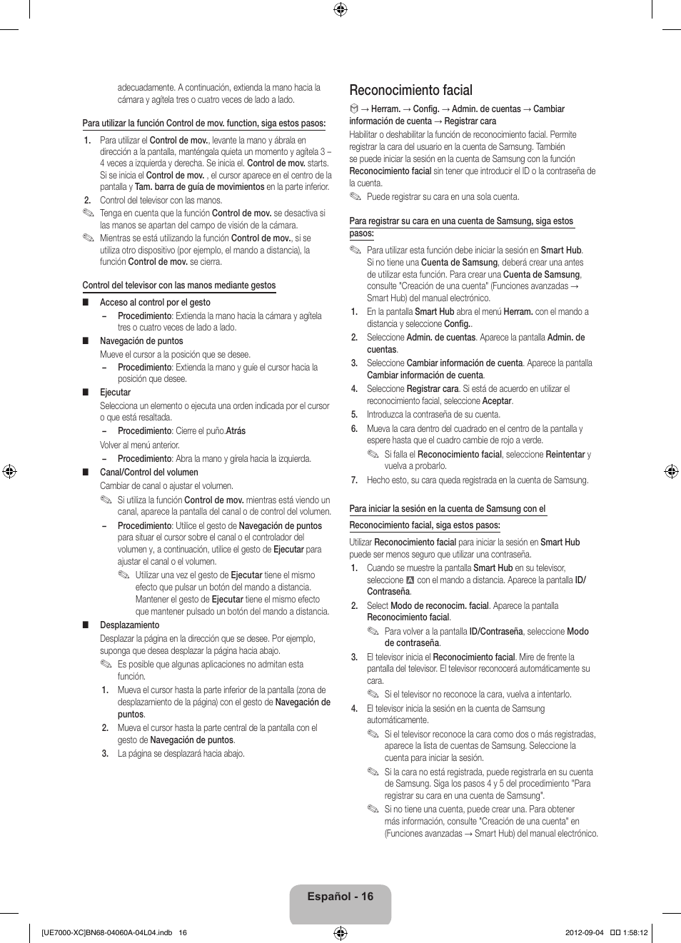 Reconocimiento facial | Samsung UE40ES7000S User Manual | Page 62 / 93