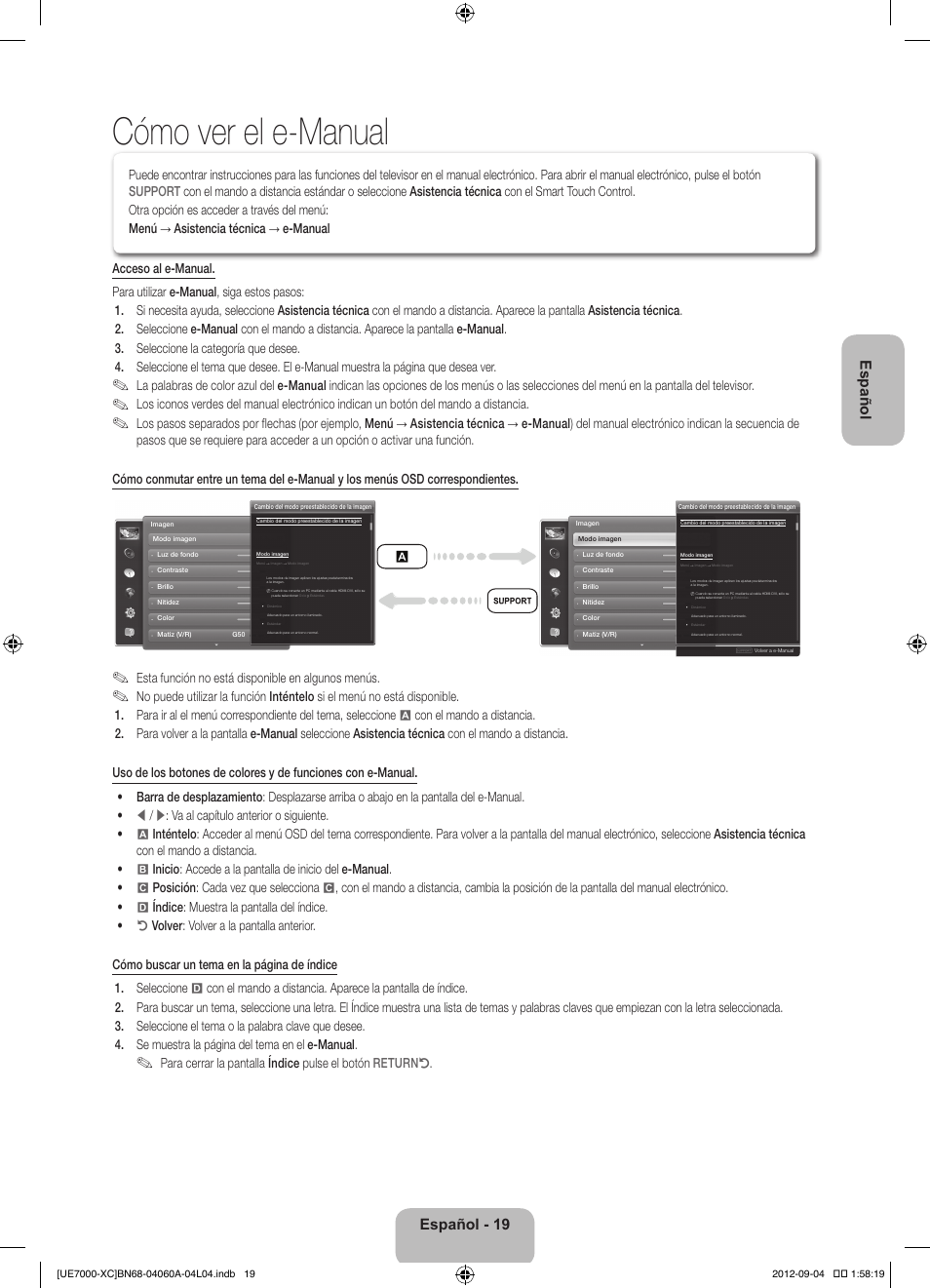 Cómo ver el e-manual, Español - 19 español, Esta función no está disponible en algunos menús | Samsung UE40ES7000S User Manual | Page 65 / 93