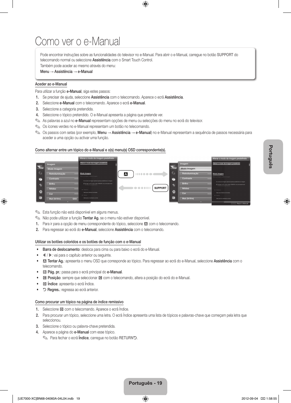 Como ver o e-manual, Português - 19 português, Esta função não está disponível em alguns menus | Samsung UE40ES7000S User Manual | Page 88 / 93