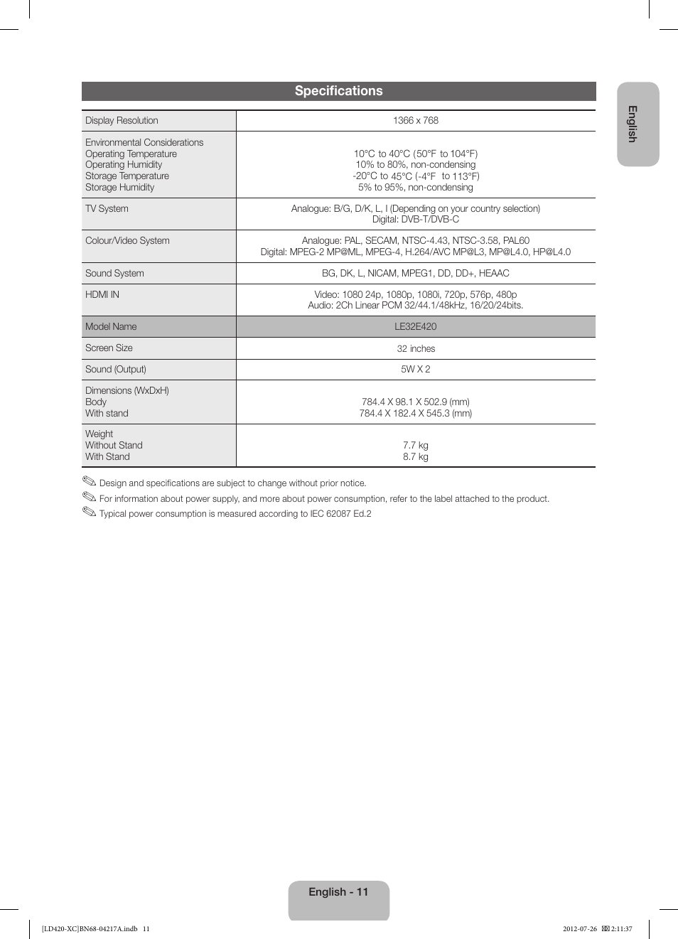 Specifications | Samsung LE32E420E2W User Manual | Page 11 / 49