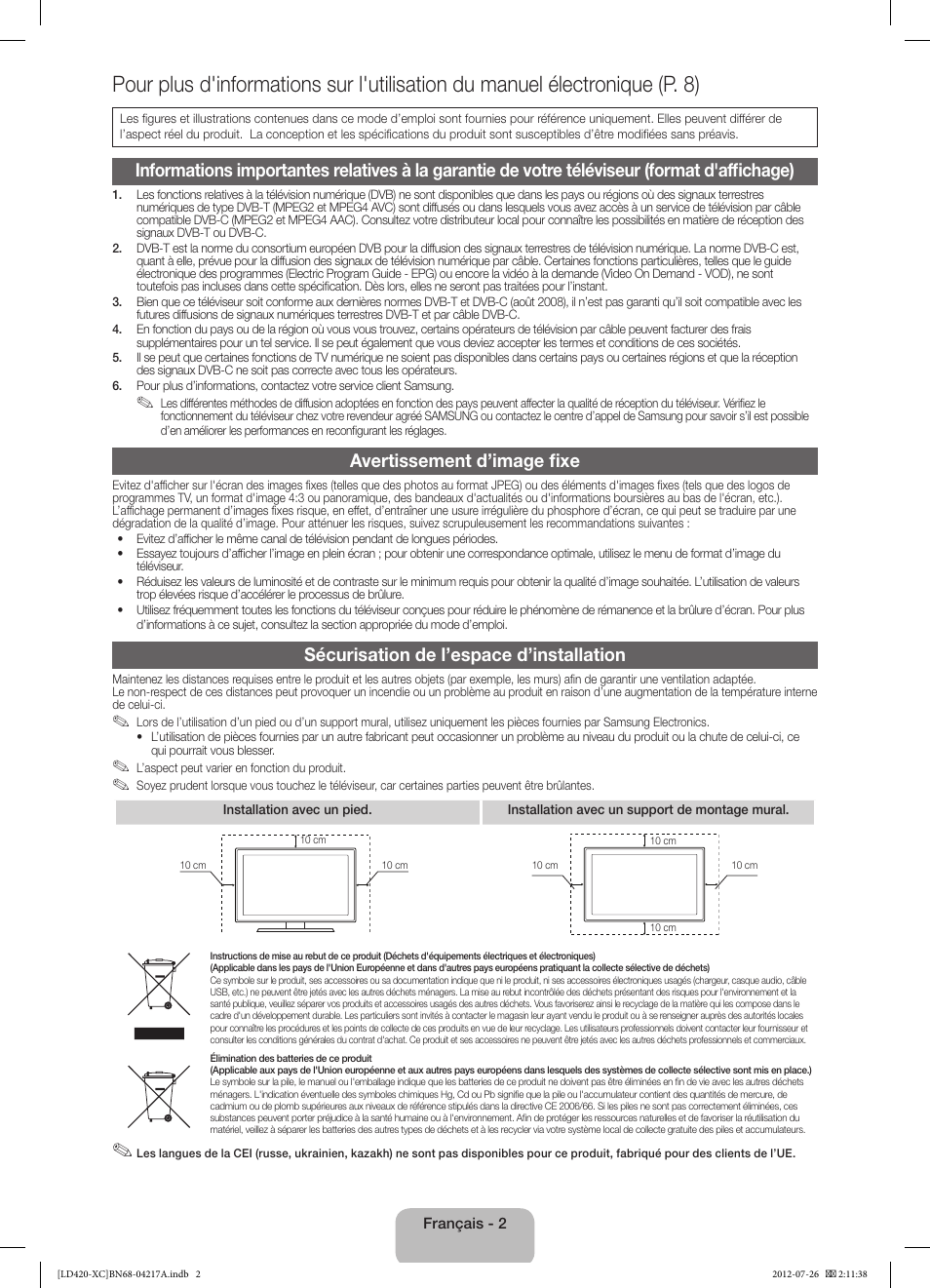 Avertissement d’image fixe, Sécurisation de l’espace d’installation | Samsung LE32E420E2W User Manual | Page 14 / 49