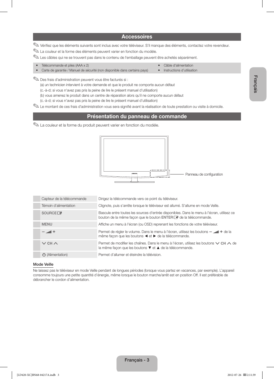 Accessoires, Présentation du panneau de commande | Samsung LE32E420E2W User Manual | Page 15 / 49