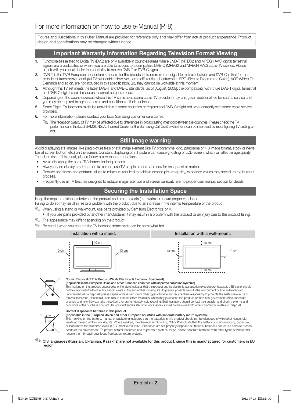 For more information on how to use e-manual (p. 8), Still image warning, Securing the installation space | Samsung LE32E420E2W User Manual | Page 2 / 49